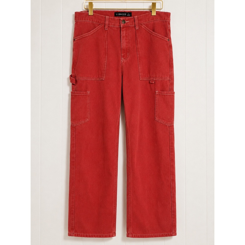 Lioness Red Carpenter Pants Wide Leg Utility Denim Contrast Stitch Womens Size M - Picture 1 of 9
